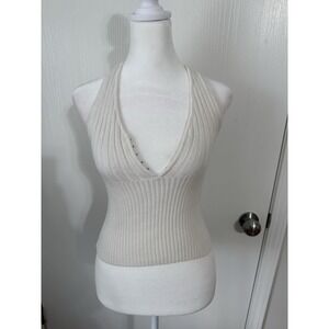 GUESS Knit Cream White Halter Tank Crop Top Small Clasp Front Stretch